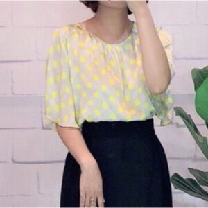 Zara Yellow Polka Dot Satin Effect Flutter Sleeve Blouse